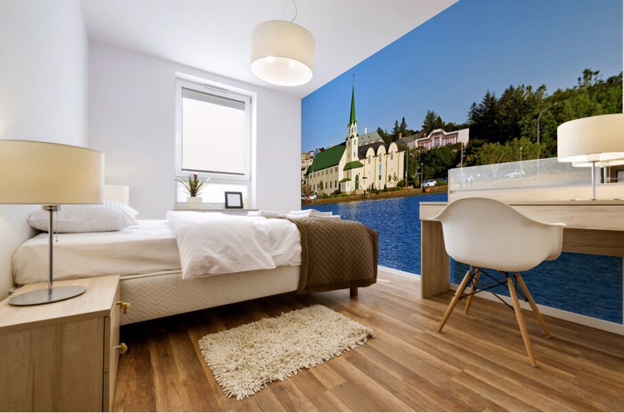 Lutheran Free Church near Lake Tjornin in Reykjavik Iceland Mural print