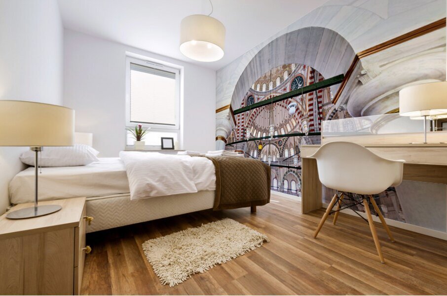 Visitors observe the interior of Fatih Mosque in Istanbul Mural print
