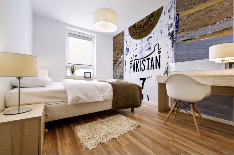 Distance marker showing 7 kilometers to Pakistan on road in 1986 Mural print