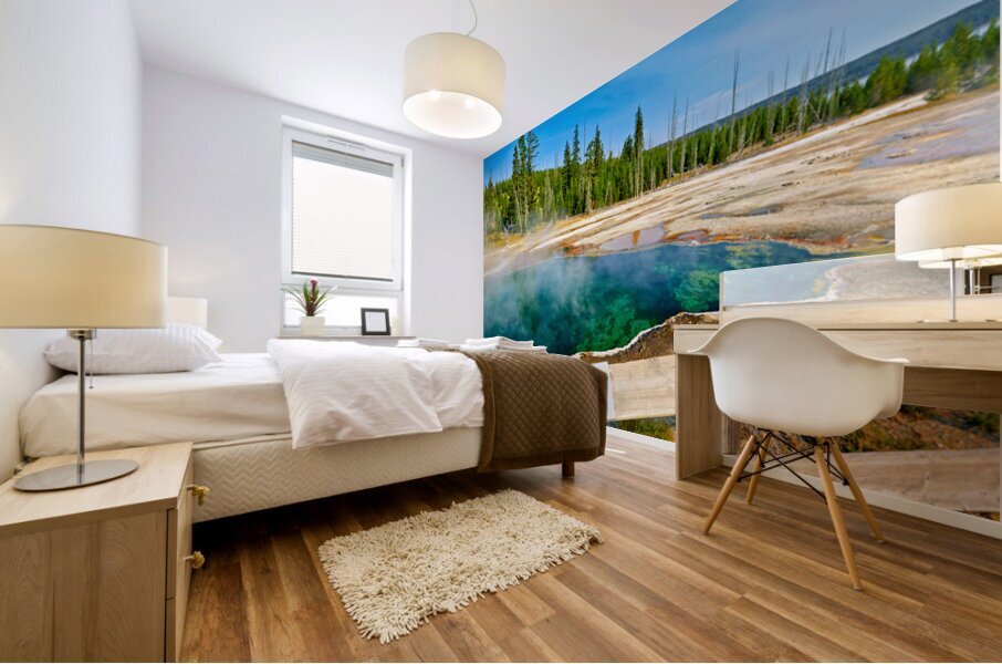 Tourists can see the deep blue Abyss Pool in Yellowstone National Park with steam rising from the hot springs during the warm afternoon. Mural print