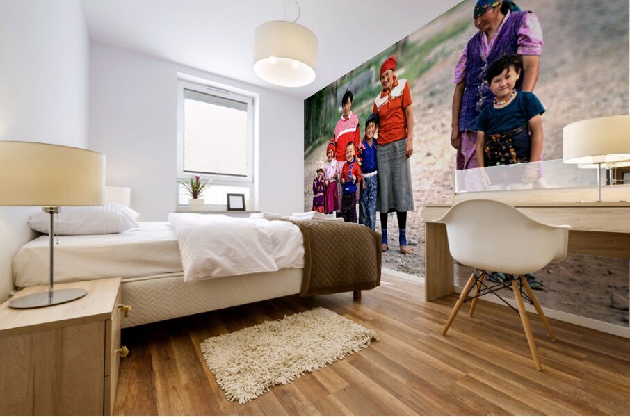 Children and women gather in a village in Uzbekistan Mural print