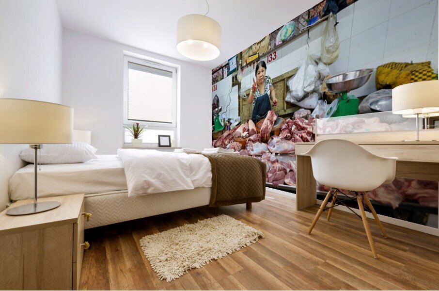 Market scene in Ho Chi Minh City with meat vendor Mural print