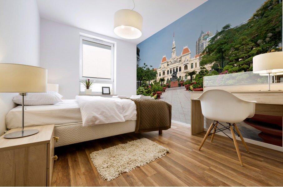 Ho Chi Minh City Hall and gardens in Saigon with statue Mural print