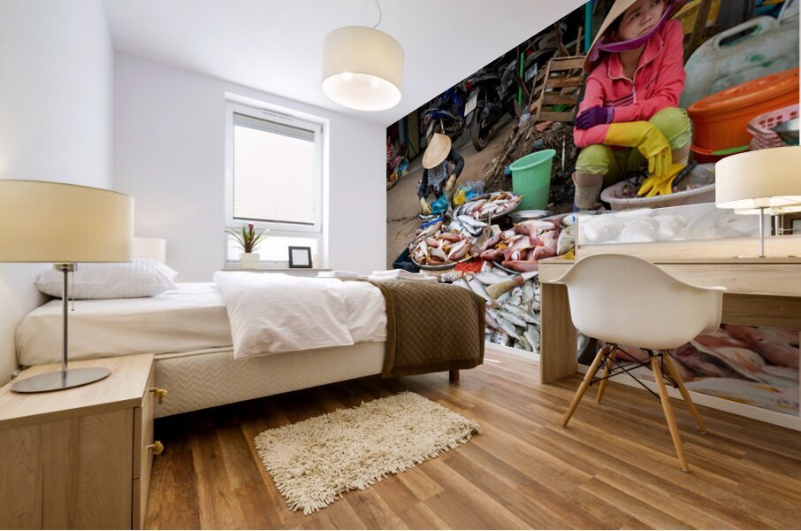 Fish market in Phu Quoc with local vendors working Mural print