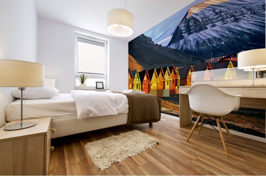 Colorful houses in Longyearbyen Svalbard during sunset Mural print