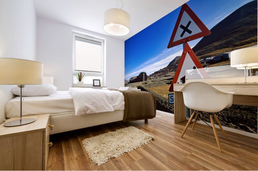 Danger sign for snowmobile traffic in Longyearbyen area Mural print