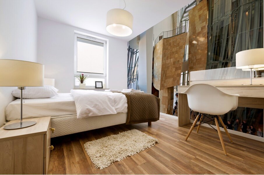 Inside Guggenheim Museum in Bilbao Spain with visitors walking Mural print