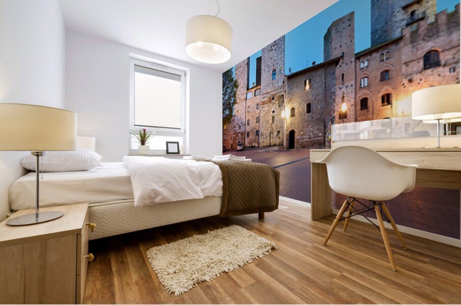 Piazza del Duomo in San Gimignano at sunset in Tuscany Italy Mural print