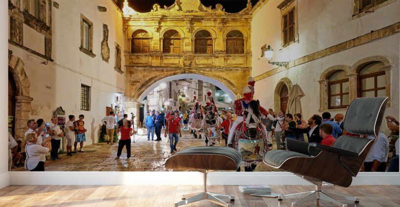 Apulia Puglia Italy. Ostuni. Festival of Saint Orontius. The cavalcata a procession of horses in the streets of the town Wall Murals