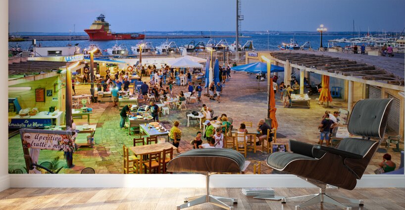 Salento. Apulia Puglia Italy. Gallipoli. Fish restaurants at the harbour Wall Murals