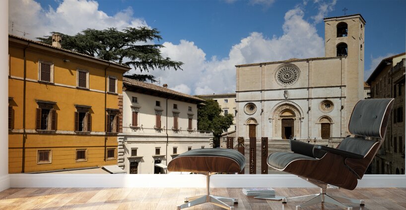 Todi Umbria Italy. Concattedrale della Santissima Annunziata. Cathedral. Piazza del Popolo. The statue Quattro Stele by Arnaldo Pomodoro Wall Murals