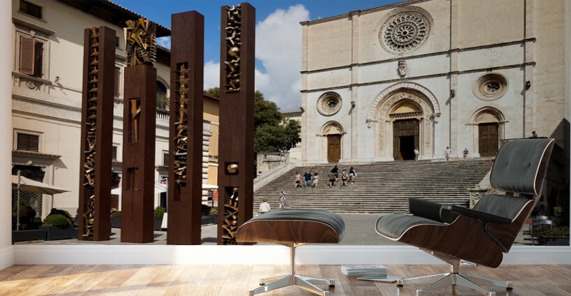 Todi Umbria Italy. Concattedrale della Santissima Annunziata. Cathedral. Piazza del Popolo. The statue Quattro Stele by Arnaldo Pomodoro Wall Murals