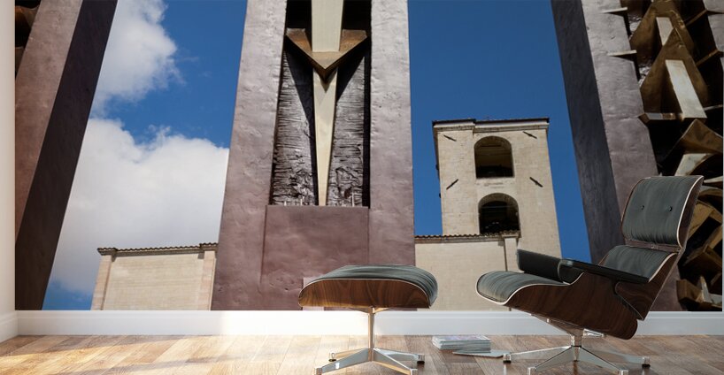 Todi Umbria Italy. Concattedrale della Santissima Annunziata. Cathedral. Piazza del Popolo. The statue Quattro Stele by Arnaldo Pomodoro Wall Murals