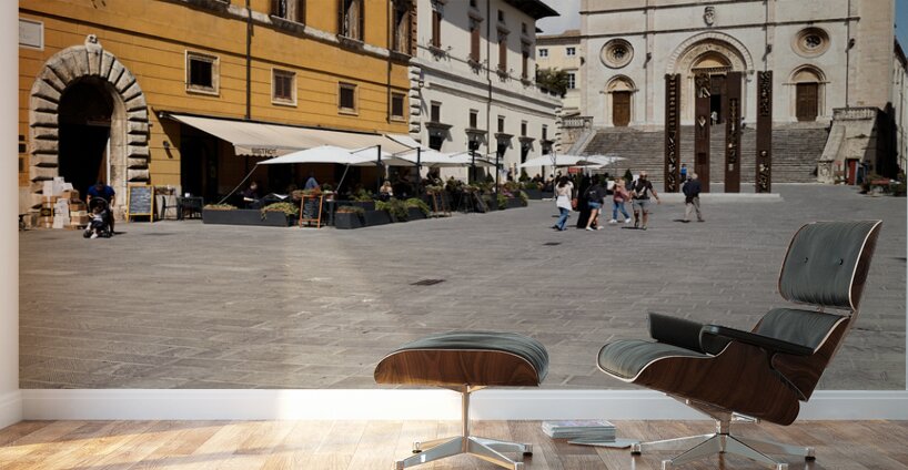 Todi Umbria Italy. Concattedrale della Santissima Annunziata. Cathedral. Piazza del Popolo. The statue Quattro Stele by Arnaldo Pomodoro Wall Murals