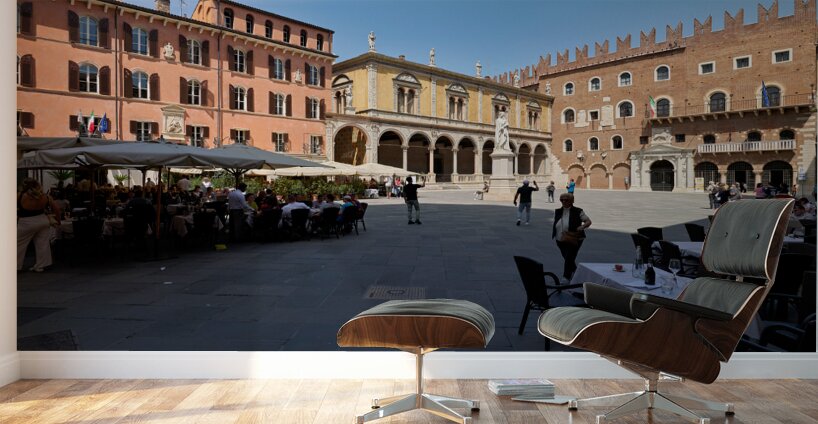 Verona Veneto Italy. Piazza dei Signori with the monument to Dante and restaurants to dine out Wall Murals
