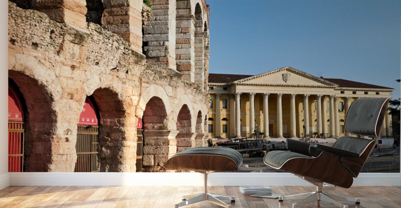 Verona Veneto Italy. The Verona Arena - Roman Amphitheatre and the Town Hall Wall Murals