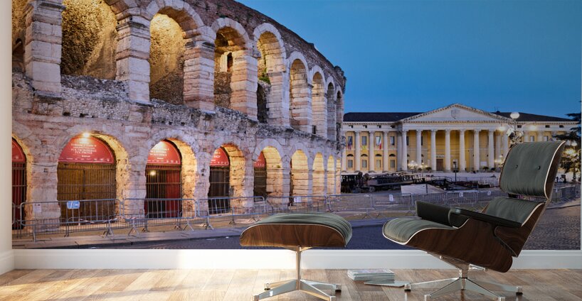 Verona Veneto Italy. The Verona Arena - Roman Amphitheatre and the Town Hall Wall Murals