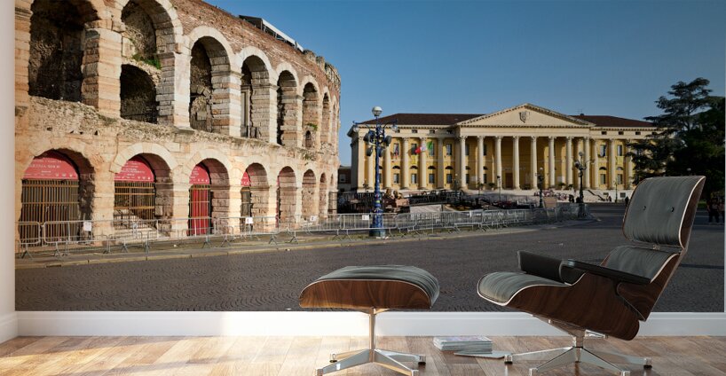 Verona Veneto Italy. The Verona Arena - Roman Amphitheatre and the Town Hall Wall Murals