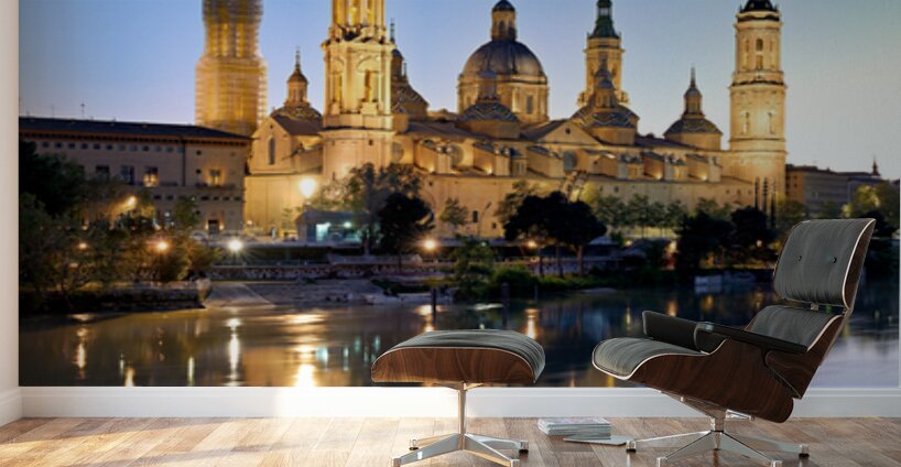 Zaragoza. Saragossa. Aragon. Spain. Cathedral Basilica of Our Lady of the Pillar and river Ebro at sunset Wall Murals