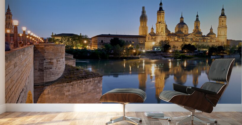 Zaragoza. Saragossa. Aragon. Spain. Cathedral Basilica of Our Lady of the Pillar and river Ebro at sunset Wall Murals