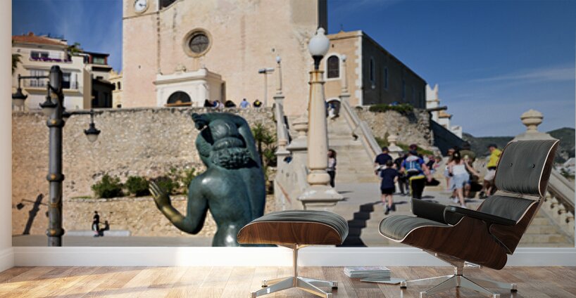 Sitges Catalunya Spain. Sculpture of the Queen of the Seas by Pedro Jimenez Corona on Mazatlans Malecon Wall Murals