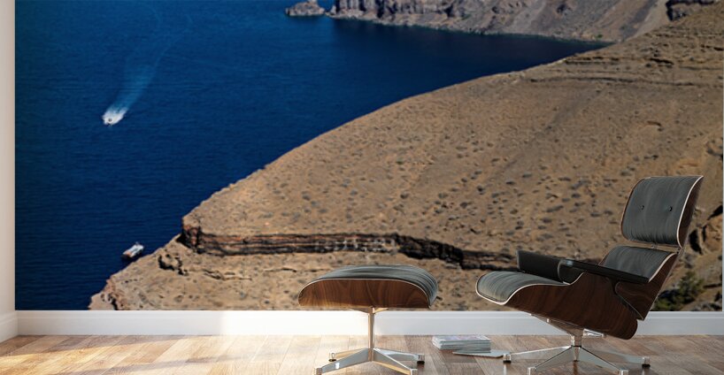 Santorini caldera with cliffs deep blue sea port and distant  Wall Murals