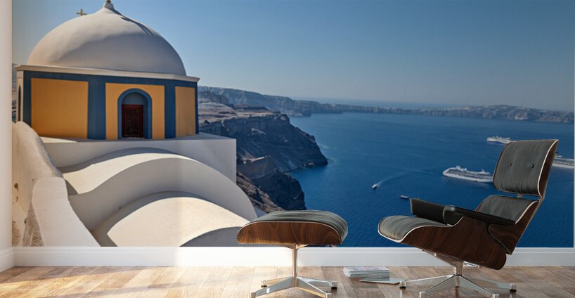 Santorinis iconic church and caldera with ships. Wall Murals