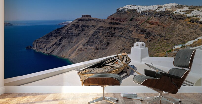 Santorini: Old boat white village and caldera view. Wall Murals