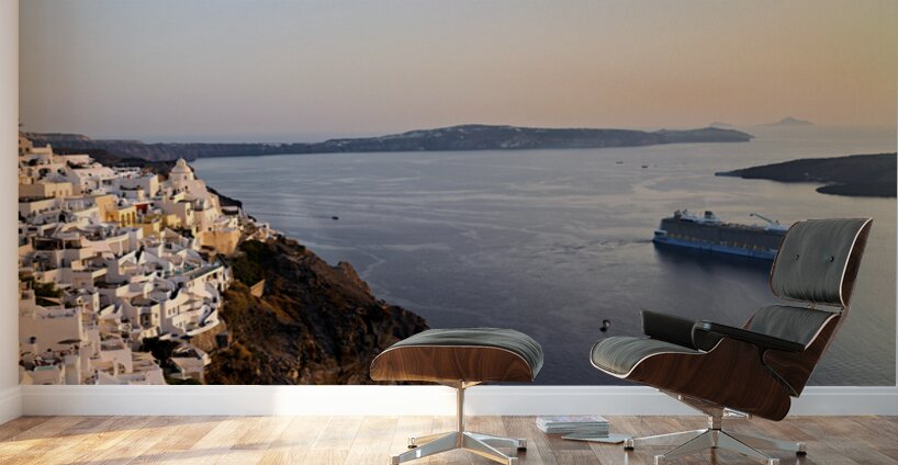 Santorini village and cruise ship at sunset. Wall Murals
