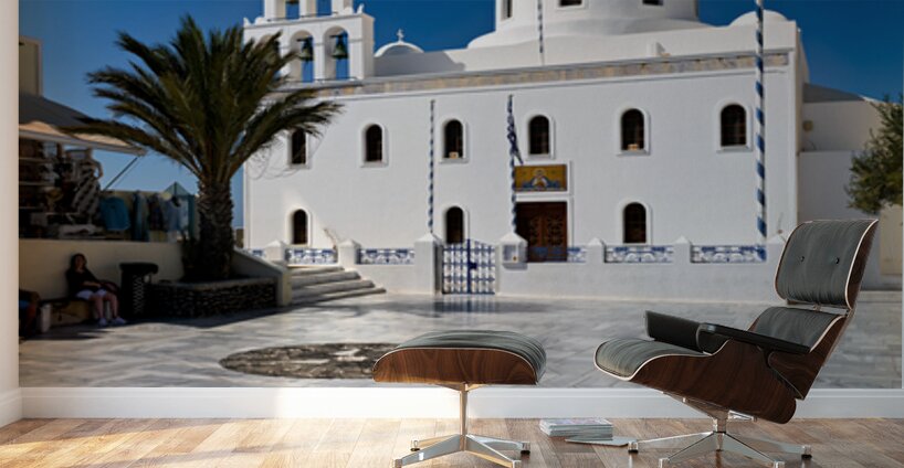 White Greek church with blue dome bell tower and marble courty Wall Murals