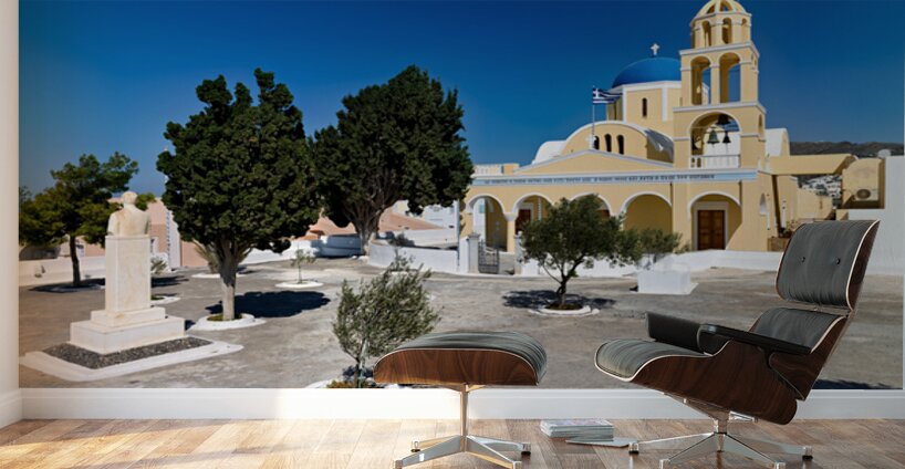 Traditional Greek church blue dome bell tower sunny day. Wall Murals