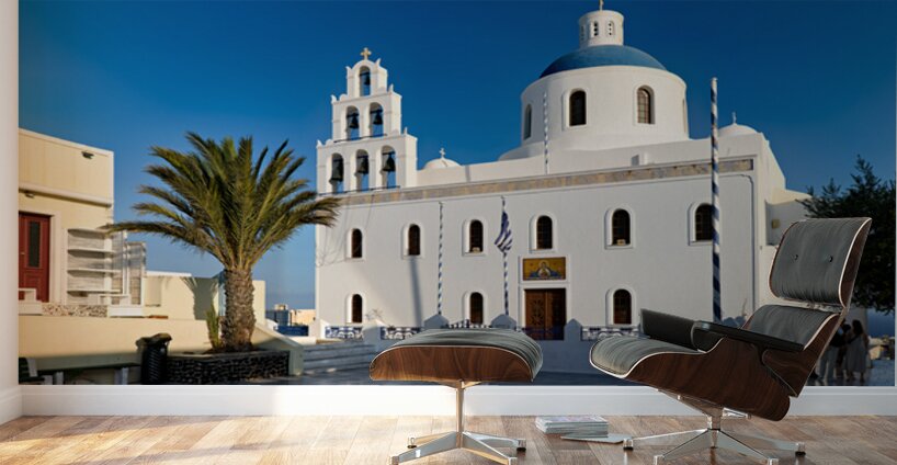 Beautiful white church blue dome palm tree clear sky. Wall Murals