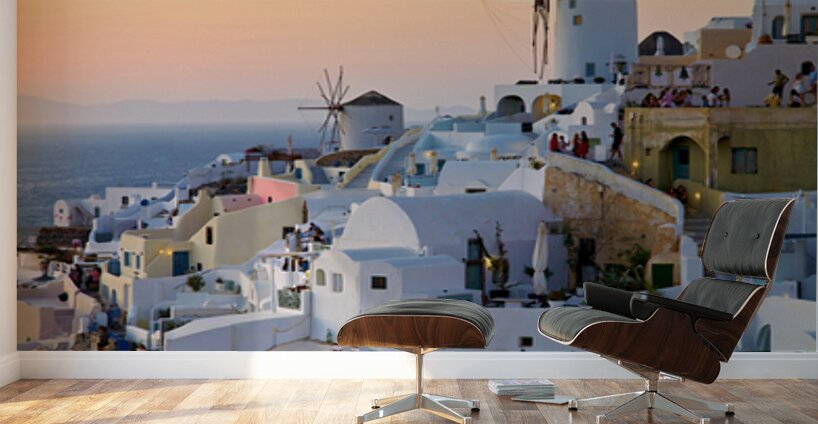 Oia Santorini: White buildings windmills and sunset over the  Wall Murals
