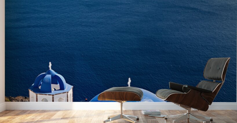 Santorinis blue domes and caldera view. Wall Murals