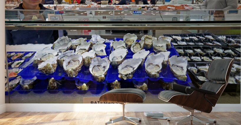 Fresh oysters on display at a seafood market. Wall Murals