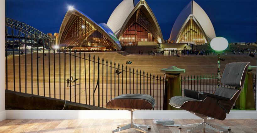 Sydney Opera House illuminated at dusk with crowds on steps. Wall Murals