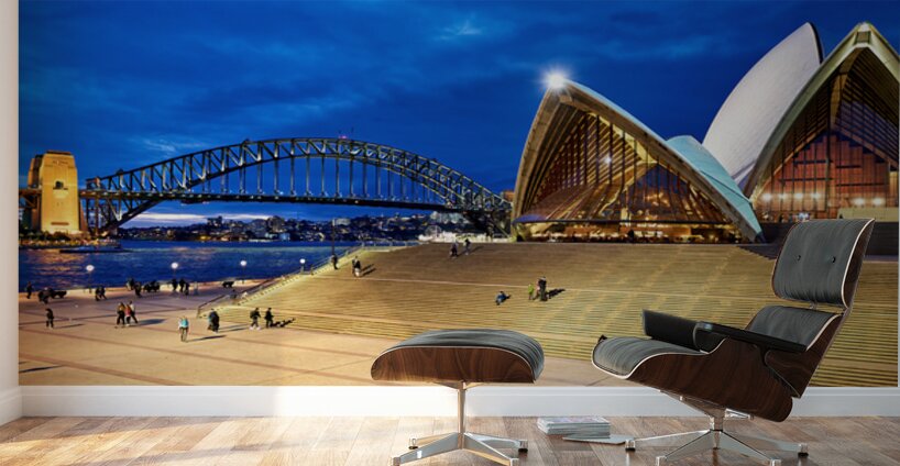 Sydney Opera House and Harbour Bridge at dusk. Wall Murals