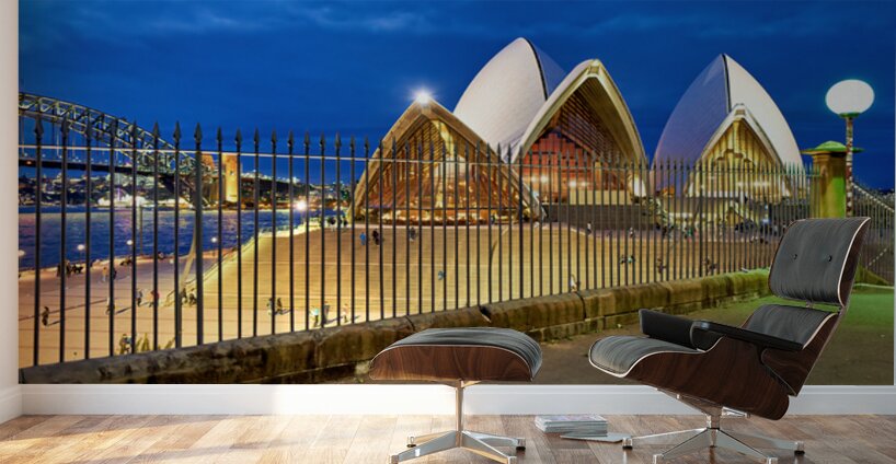 Sydney Opera House and Harbour Bridge at dusk. Wall Murals