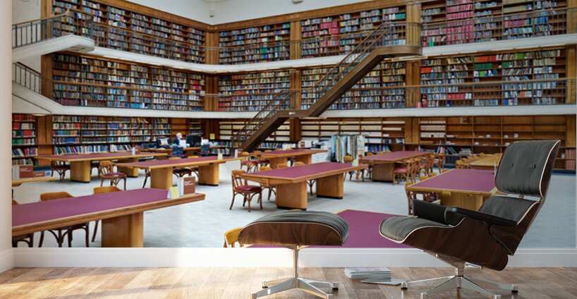 Grand library in Sydney with tall bookshelves and study areas Wall Murals
