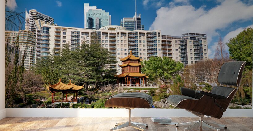 Chinese garden with pagodas and modern buildings Wall Murals
