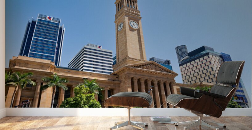 Brisbane City Hall with modern buildings and palm trees. Wall Murals