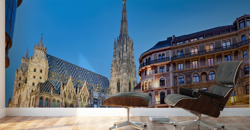 St. Stephens Cathedral at dusk in bustling Vienna. Wall Murals