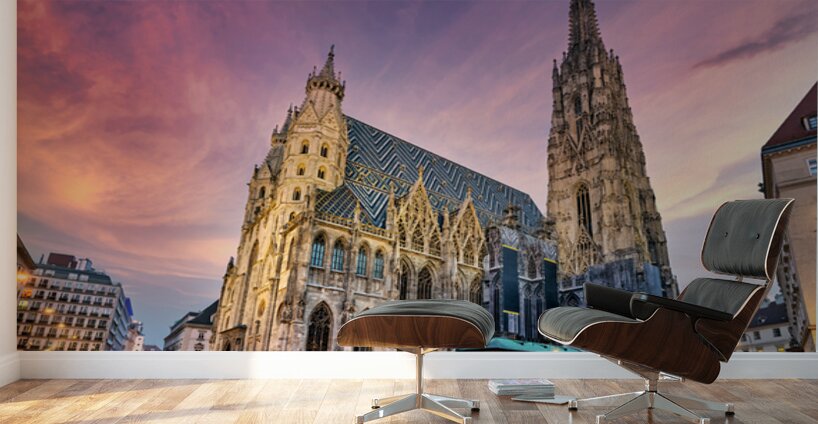 Majestic St. Stephens Cathedral in Vienna under a colorful sky. Wall Murals