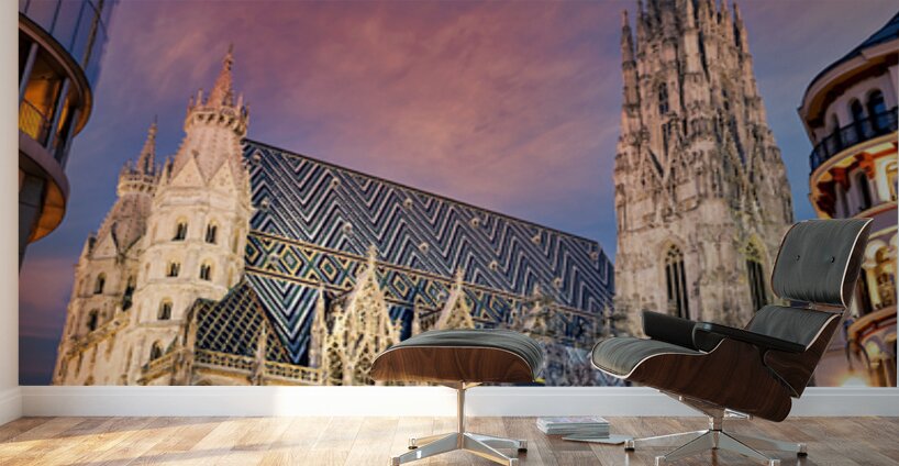 St. Stephens Cathedral Vienna at twilight with people. Wall Murals
