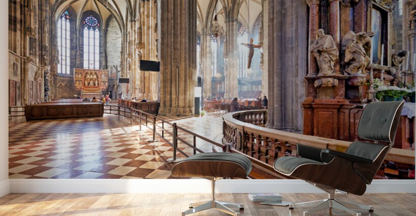 Grand cathedral interior with vaulted ceilings columns and cru Wall Murals