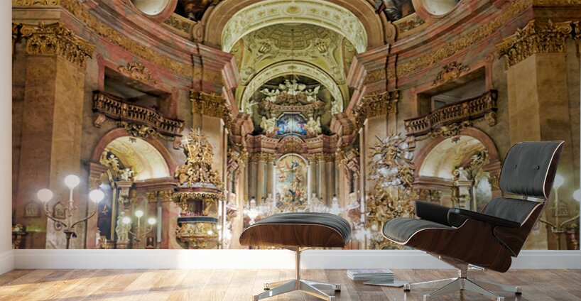 People attending a Requiem service in an ornate church. Wall Murals