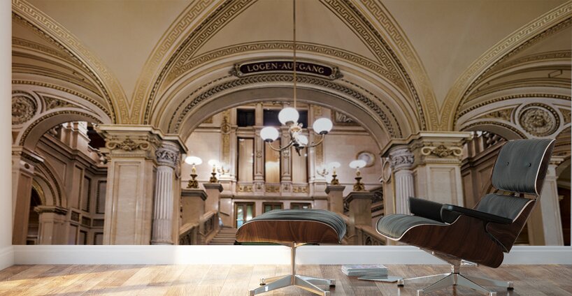 Majestic staircase with green carpet in an ornate hall. Wall Murals