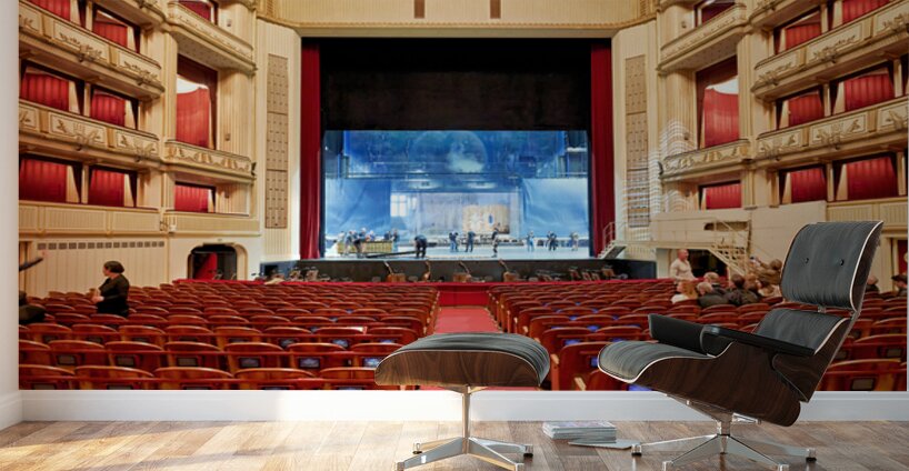 Ornate opera house interior with stage crew and audience. Wall Murals