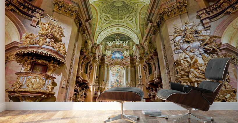 Stunning Baroque church interior rich with gold and religious a Wall Murals