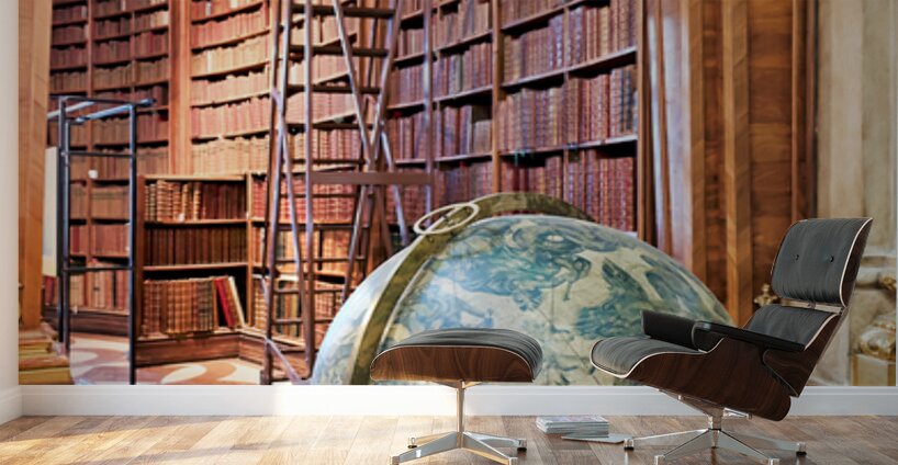 Historic library interior with globe books and rolling ladder. Wall Murals